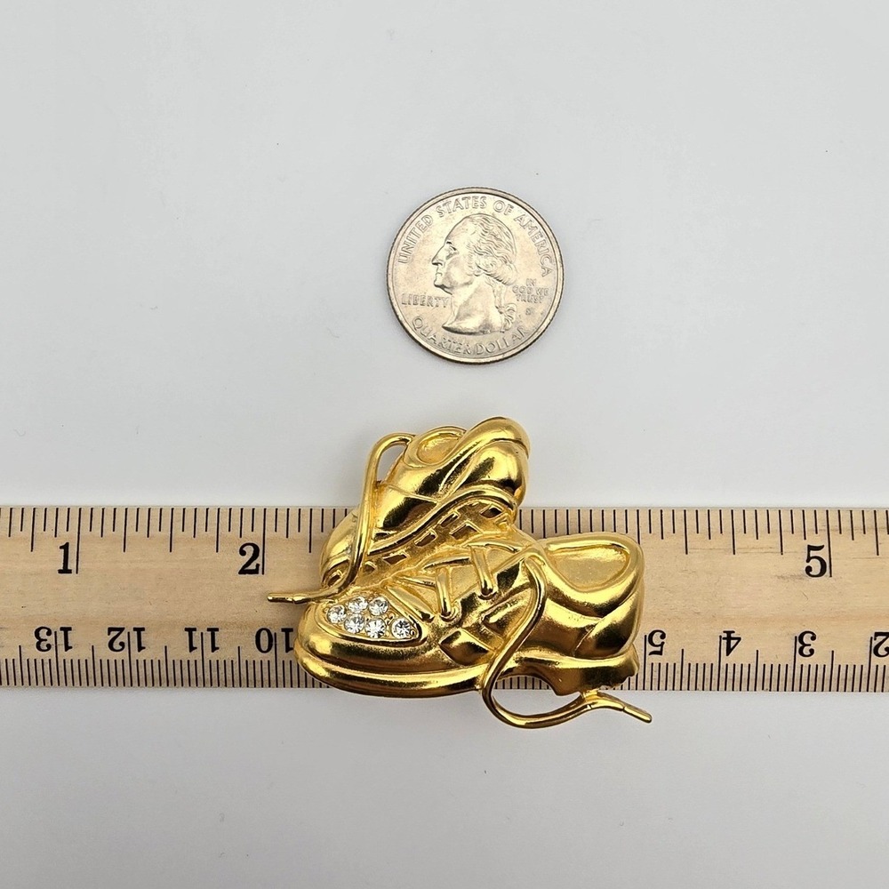 Tennis Shoe Brooch Gold Tone Rhinestone Sneaker Pin Sporty Gift Athletic Fashion - Picture 5 of 9